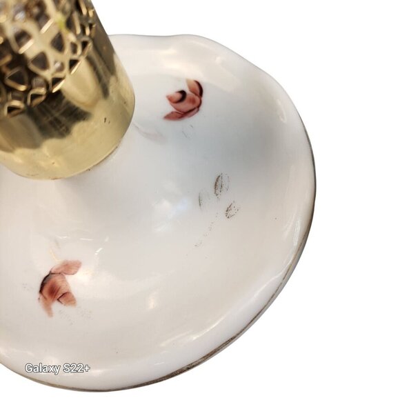 Vintage White Milk Glass Table Lamps With Pink Rose Floral Design & Brass Accent - Picture 6 of 16